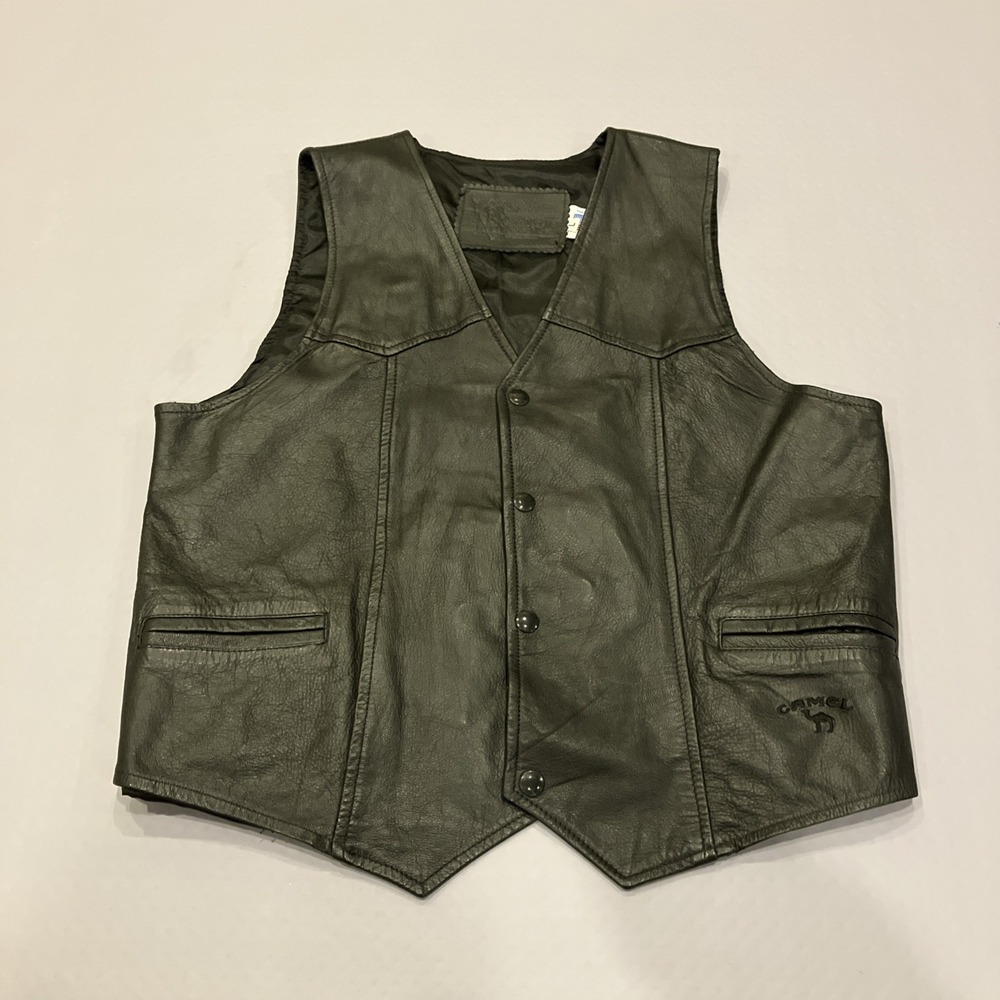 Branded Garments Black Leather Vest Joe Camel Cigarettes Logo Women's L Pockets
